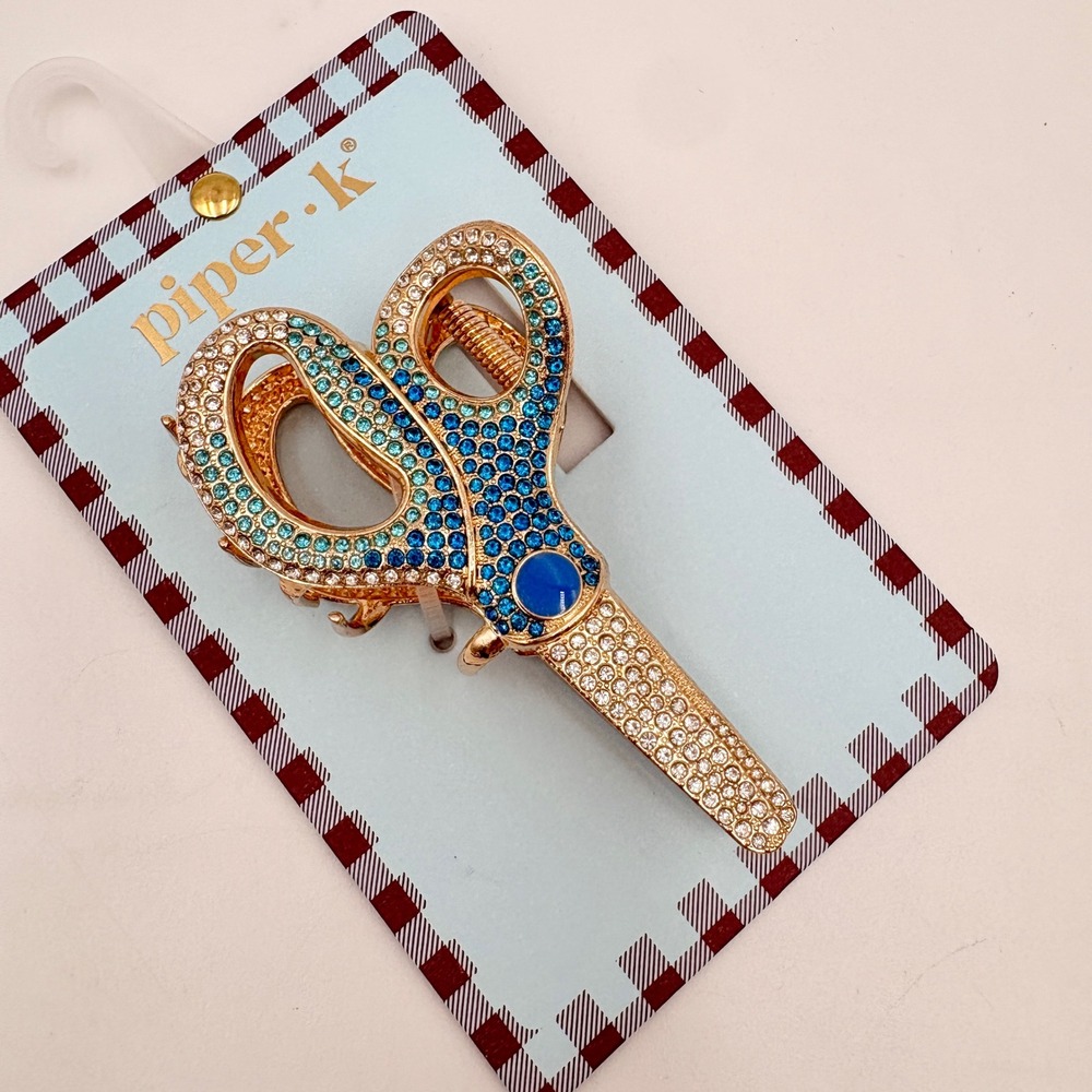 Piper K Gold Tone Rhinestone Sewing Seamstress Scissor Hair Claw Clip Blue Pave